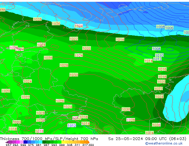 Thck 700-1000 hPa ECMWF Sa 25.05.2024 09 UTC