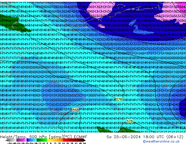 Height/Temp. 500 hPa ECMWF so. 25.05.2024 18 UTC