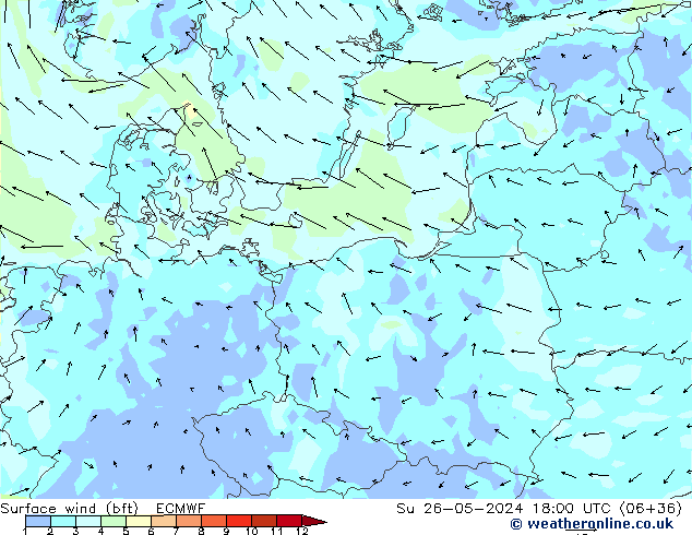 Viento 10 m (bft) ECMWF dom 26.05.2024 18 UTC