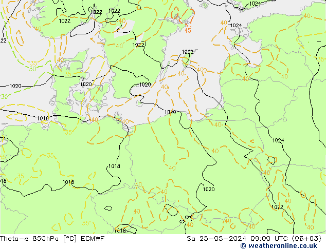 Theta-e 850hPa ECMWF Sa 25.05.2024 09 UTC