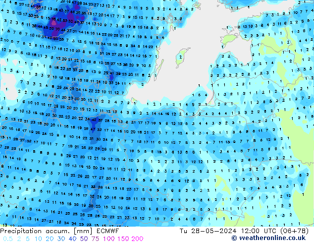 Precipitation accum. ECMWF Út 28.05.2024 12 UTC