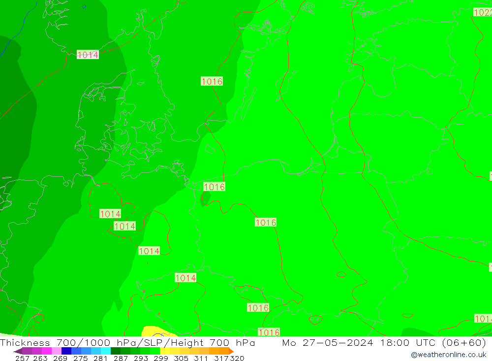 Espesor 700-1000 hPa ECMWF lun 27.05.2024 18 UTC