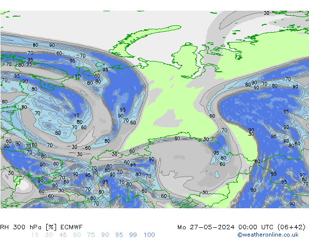 Humedad rel. 300hPa ECMWF lun 27.05.2024 00 UTC