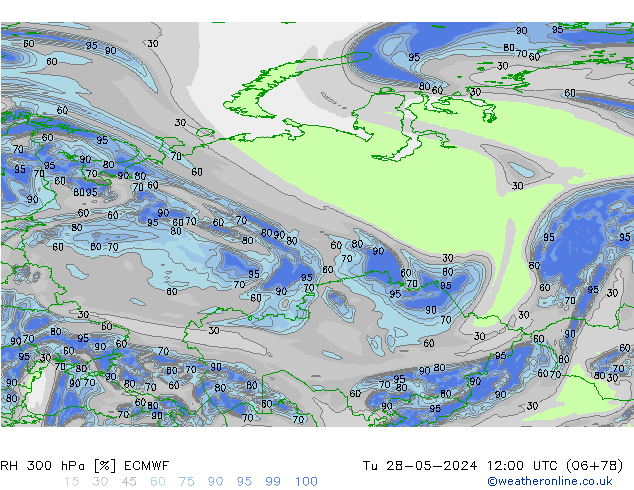 Humidité rel. 300 hPa ECMWF mar 28.05.2024 12 UTC