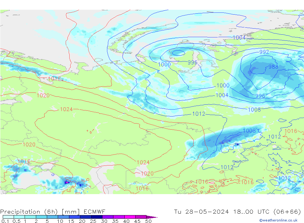 Precipitation (6h) ECMWF Tu 28.05.2024 00 UTC