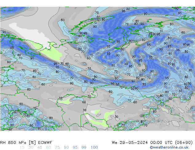 RH 850 гПа ECMWF ср 29.05.2024 00 UTC