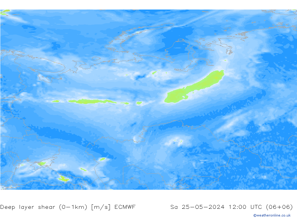 Deep layer shear (0-1km) ECMWF sam 25.05.2024 12 UTC