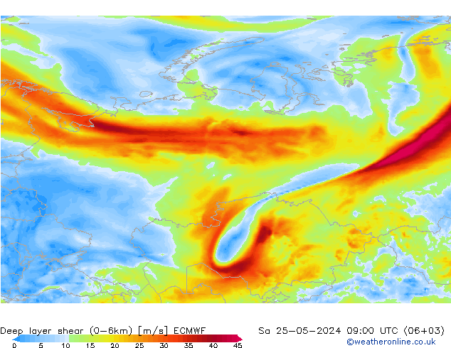 Deep layer shear (0-6km) ECMWF Sa 25.05.2024 09 UTC