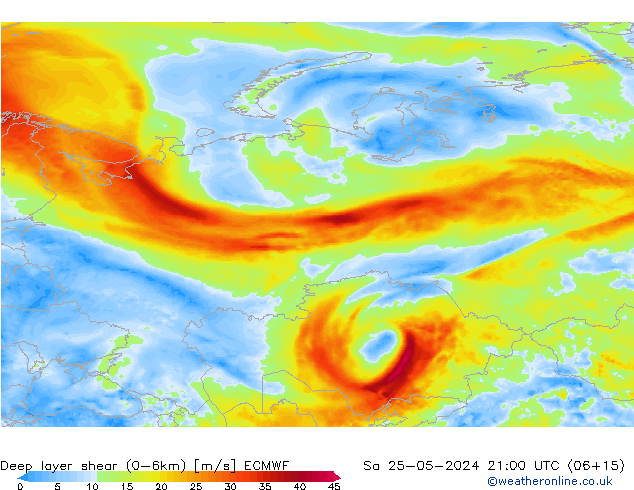 Deep layer shear (0-6km) ECMWF za 25.05.2024 21 UTC