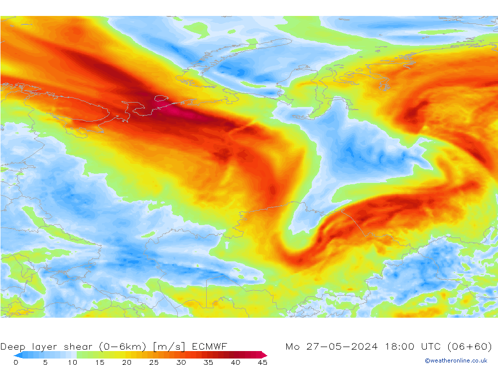 Deep layer shear (0-6km) ECMWF Seg 27.05.2024 18 UTC