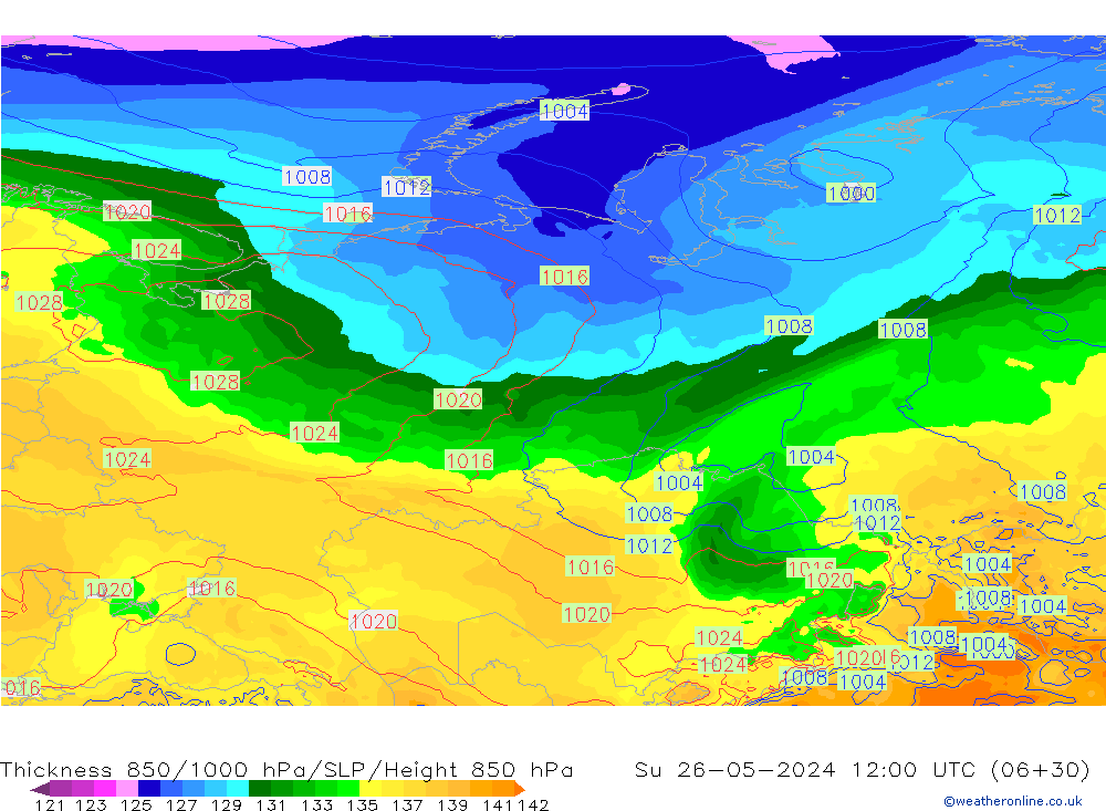 Thck 850-1000 гПа ECMWF Вс 26.05.2024 12 UTC