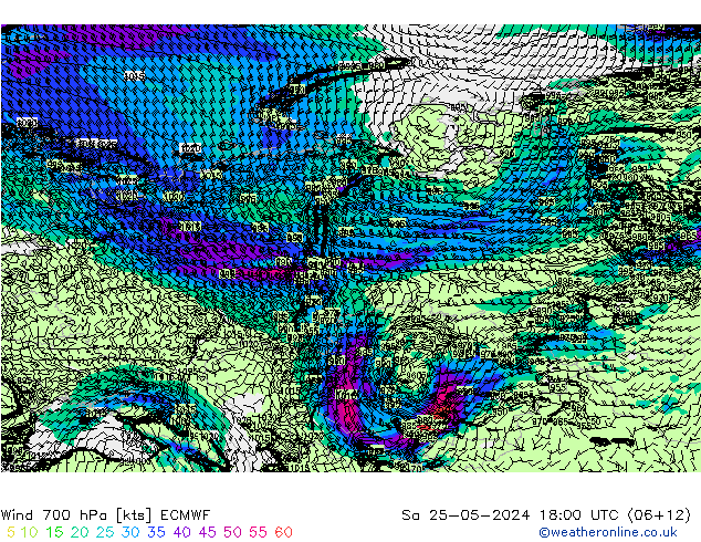 Vento 700 hPa ECMWF Sáb 25.05.2024 18 UTC