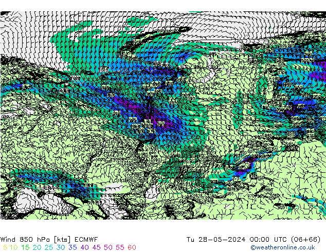 Wind 850 hPa ECMWF Tu 28.05.2024 00 UTC