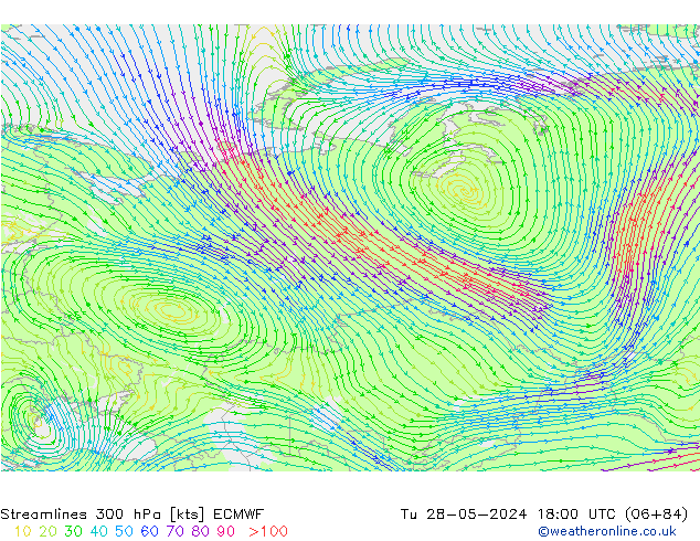 Ligne de courant 300 hPa ECMWF mar 28.05.2024 18 UTC