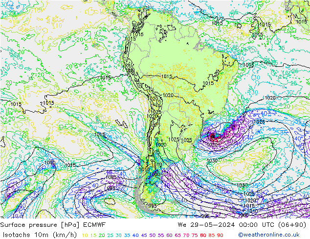 Isotaca (kph) ECMWF mié 29.05.2024 00 UTC