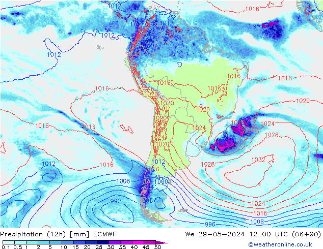 Totale neerslag (12h) ECMWF wo 29.05.2024 00 UTC