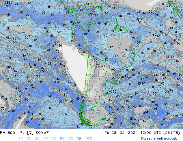 Humidité rel. 850 hPa ECMWF mar 28.05.2024 12 UTC