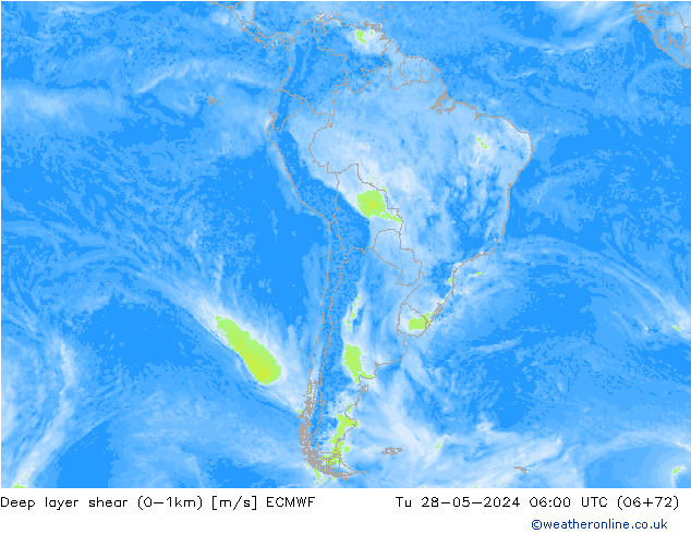 Deep layer shear (0-1km) ECMWF Tu 28.05.2024 06 UTC