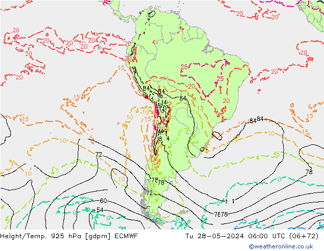 Height/Temp. 925 hPa ECMWF Út 28.05.2024 06 UTC