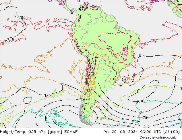 Height/Temp. 925 hPa ECMWF We 29.05.2024 00 UTC