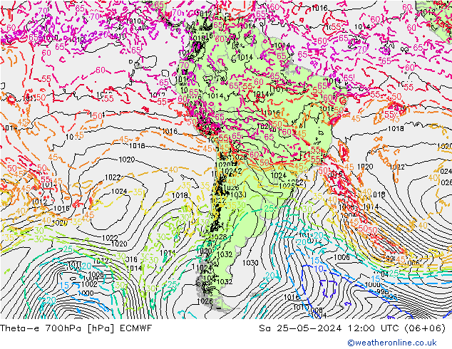 Theta-e 700hPa ECMWF sam 25.05.2024 12 UTC