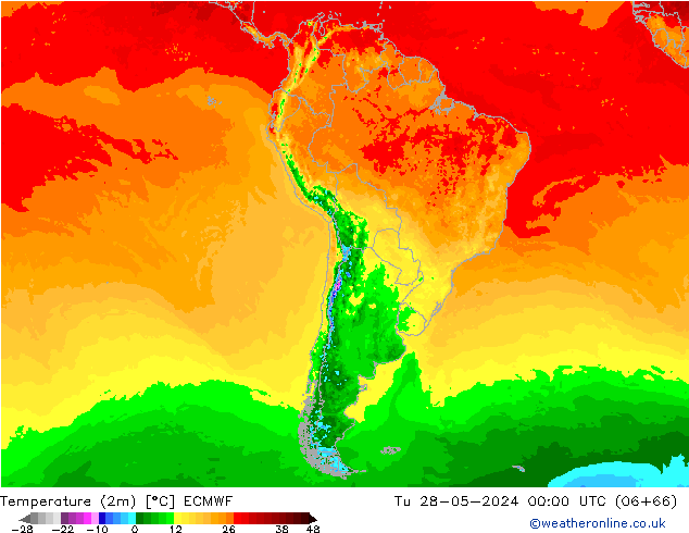 Temperatuurkaart (2m) ECMWF di 28.05.2024 00 UTC