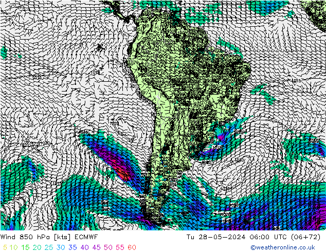 ветер 850 гПа ECMWF вт 28.05.2024 06 UTC