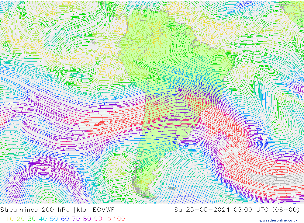 Linia prądu 200 hPa ECMWF so. 25.05.2024 06 UTC