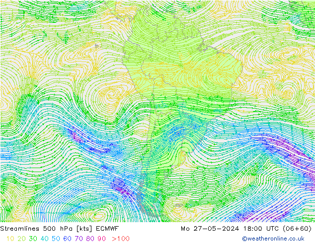 Linha de corrente 500 hPa ECMWF Seg 27.05.2024 18 UTC