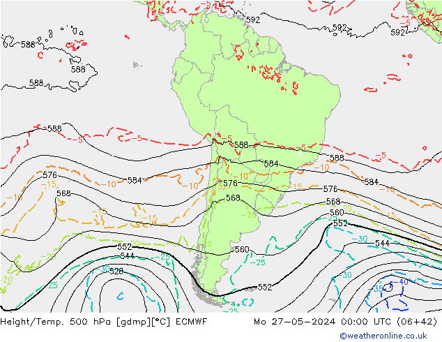 Height/Temp. 500 hPa ECMWF pon. 27.05.2024 00 UTC