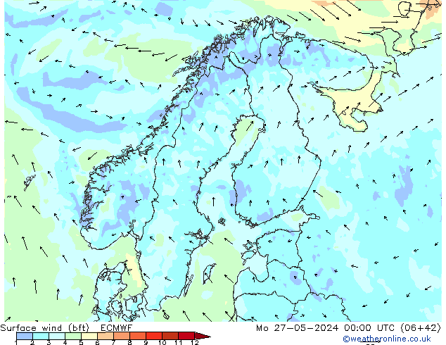 Rüzgar 10 m (bft) ECMWF Pzt 27.05.2024 00 UTC