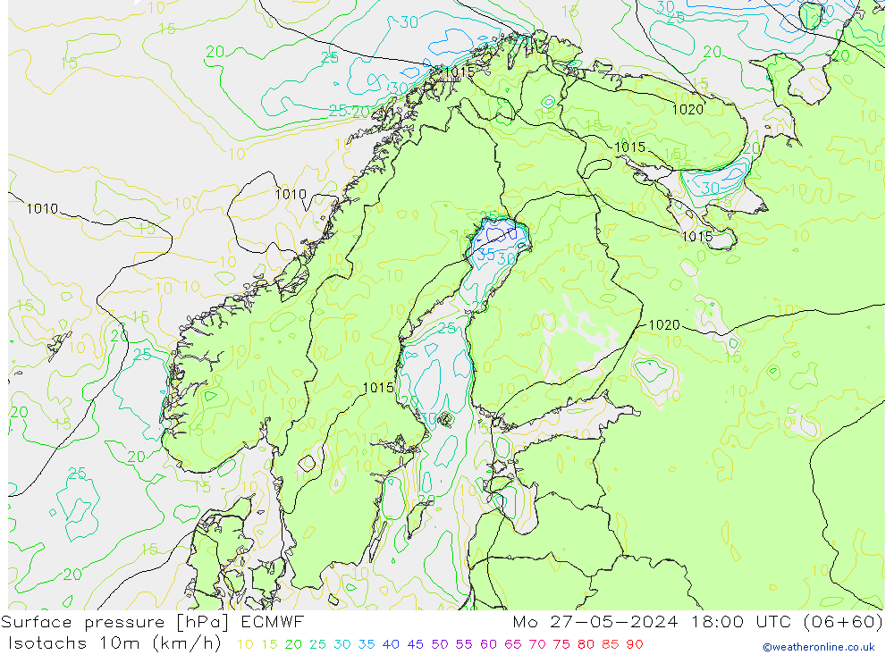 Isotachs (kph) ECMWF пн 27.05.2024 18 UTC