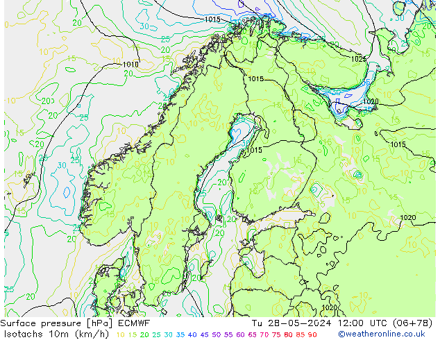 Isotachs (kph) ECMWF mar 28.05.2024 12 UTC