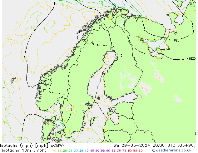 Isotachen (mph) ECMWF Mi 29.05.2024 00 UTC