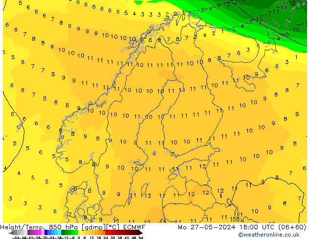 Height/Temp. 850 гПа ECMWF пн 27.05.2024 18 UTC