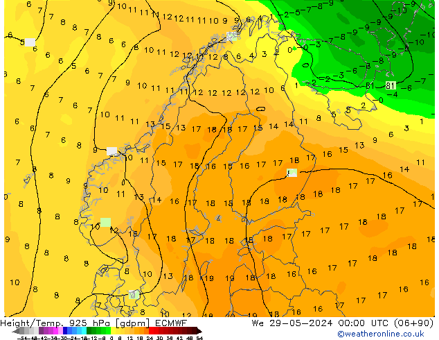 Height/Temp. 925 hPa ECMWF We 29.05.2024 00 UTC