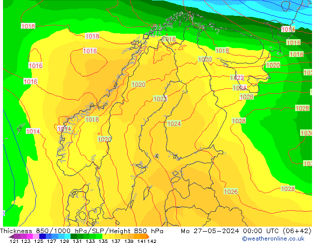 Espesor 850-1000 hPa ECMWF lun 27.05.2024 00 UTC