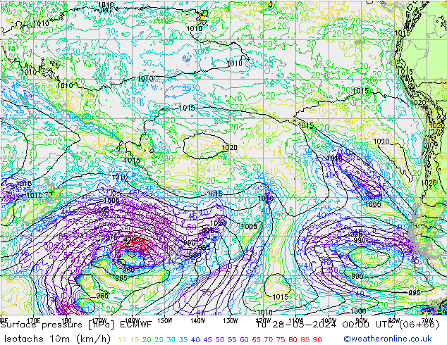 Isotaca (kph) ECMWF mar 28.05.2024 00 UTC