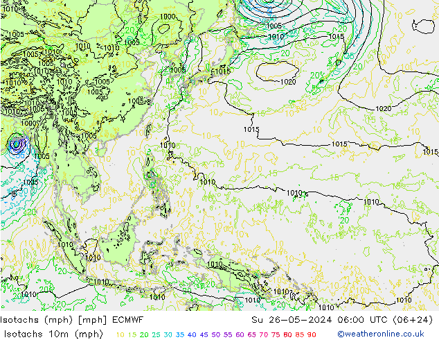 Isotachs (mph) ECMWF Su 26.05.2024 06 UTC