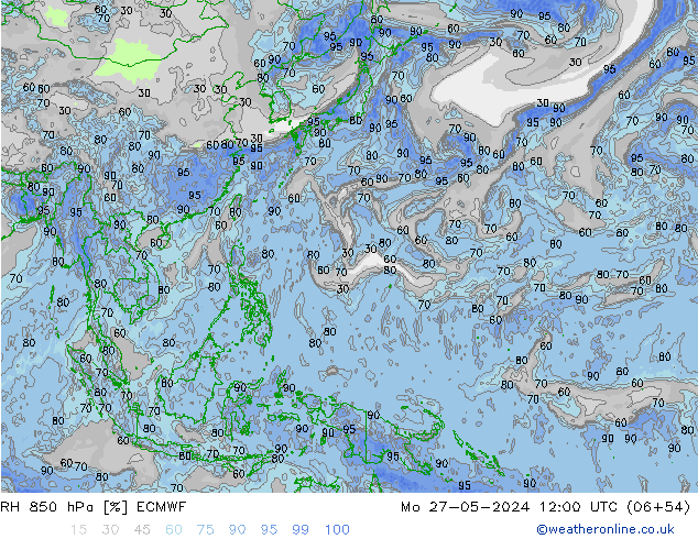 Humedad rel. 850hPa ECMWF lun 27.05.2024 12 UTC