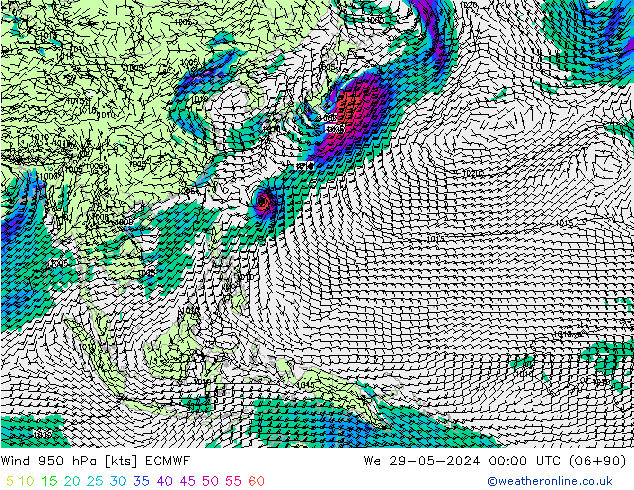 Vento 950 hPa ECMWF mer 29.05.2024 00 UTC