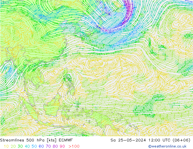 Linia prądu 500 hPa ECMWF so. 25.05.2024 12 UTC