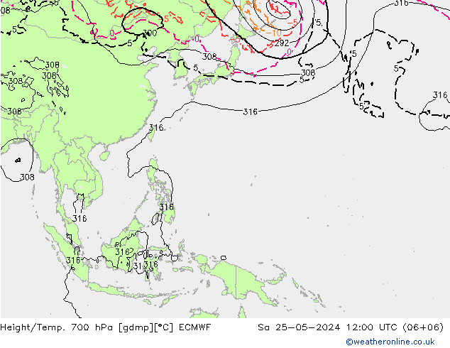 Height/Temp. 700 hPa ECMWF Sa 25.05.2024 12 UTC