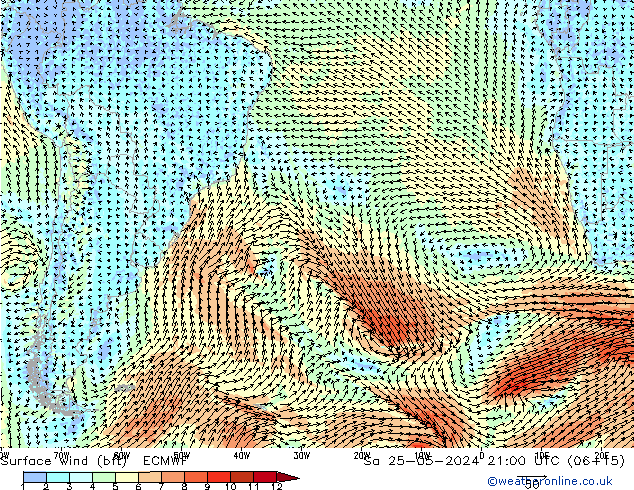 Vento 10 m (bft) ECMWF Sáb 25.05.2024 21 UTC