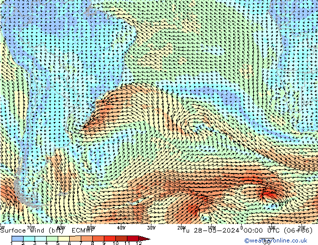 wiatr 10 m (bft) ECMWF wto. 28.05.2024 00 UTC