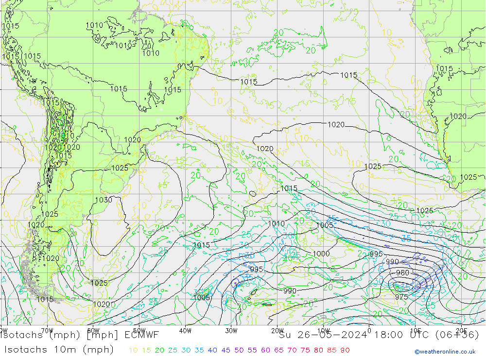 Isotaca (mph) ECMWF dom 26.05.2024 18 UTC