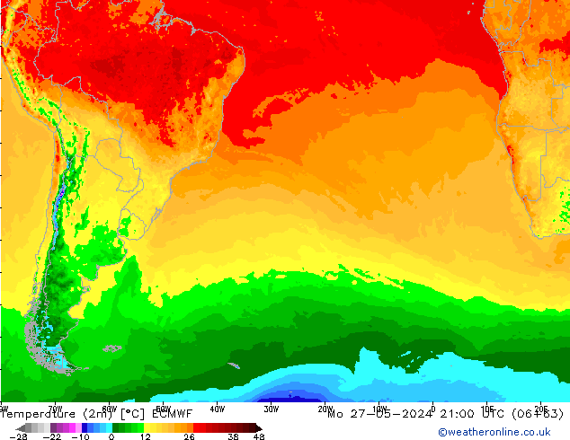 Temperatura (2m) ECMWF lun 27.05.2024 21 UTC