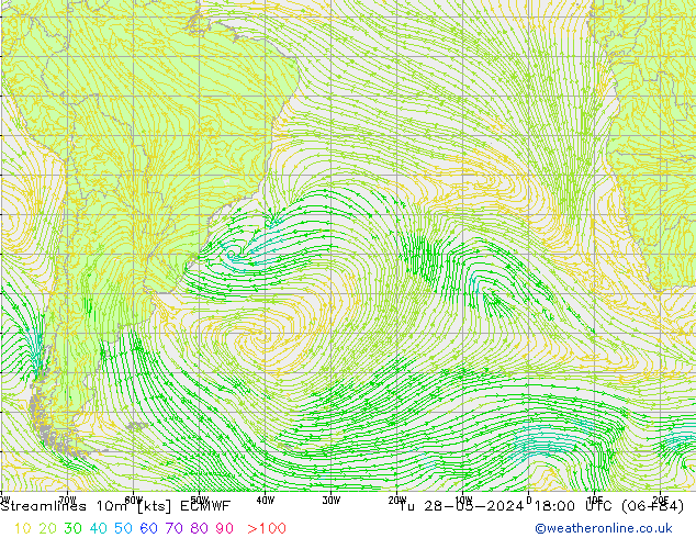 Linia prądu 10m ECMWF wto. 28.05.2024 18 UTC