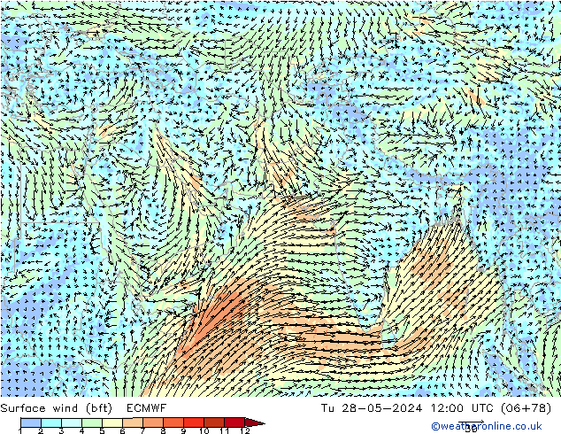 Vento 10 m (bft) ECMWF mar 28.05.2024 12 UTC