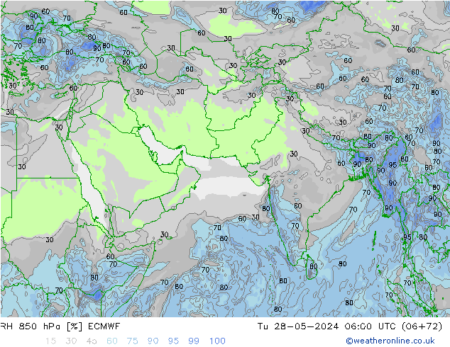 RH 850 hPa ECMWF Út 28.05.2024 06 UTC